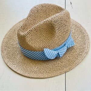 LOFT Straw Hat with Striped Blue Ribbon and Bow M/L